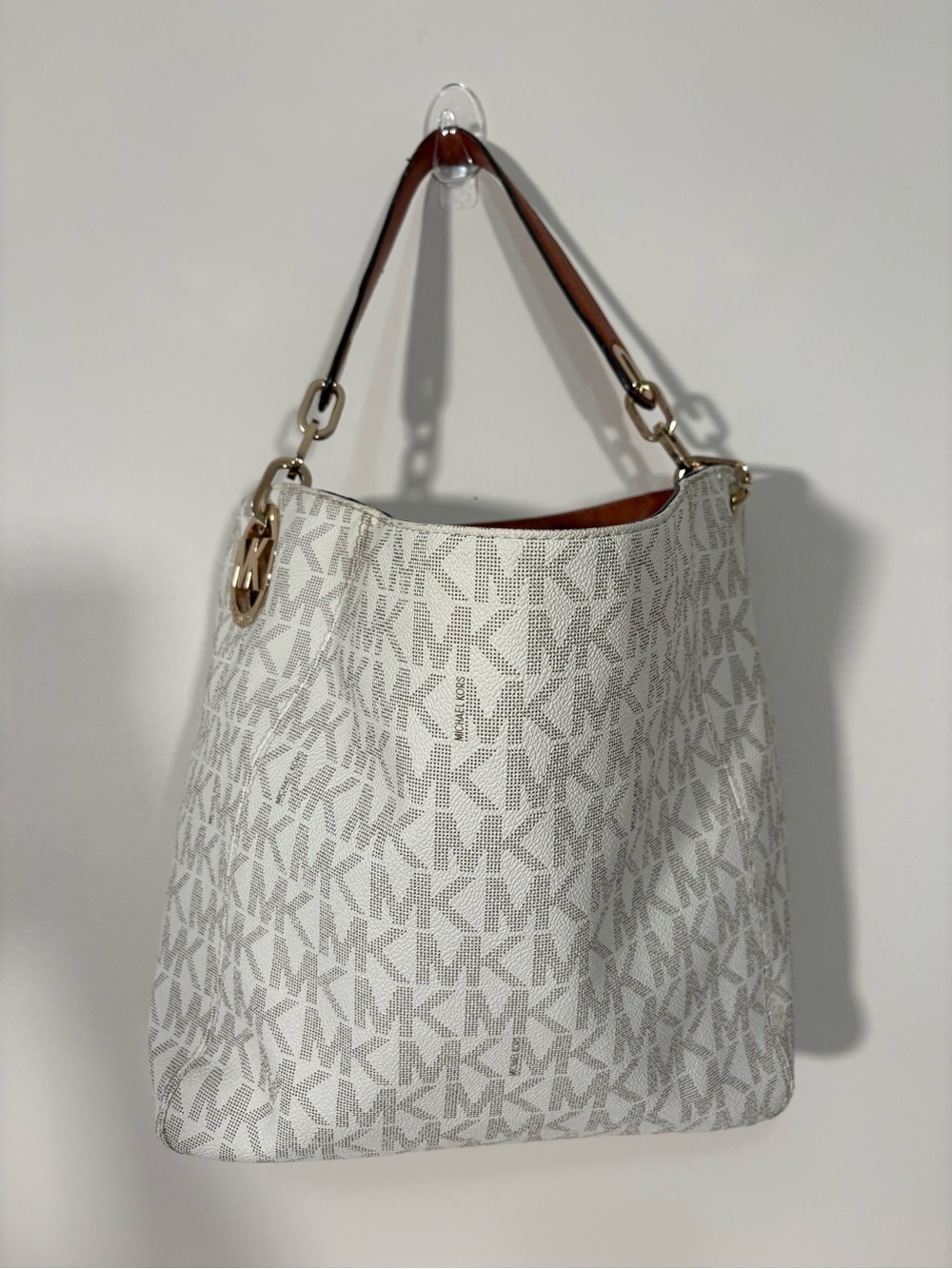 Michael Kors White Logo Canvas Hobo with Brown Leather Strap - Picture 3 of 13